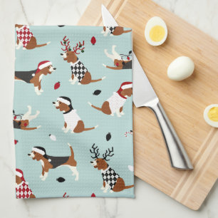 Christmas Beagles Blue Kitchen Towel