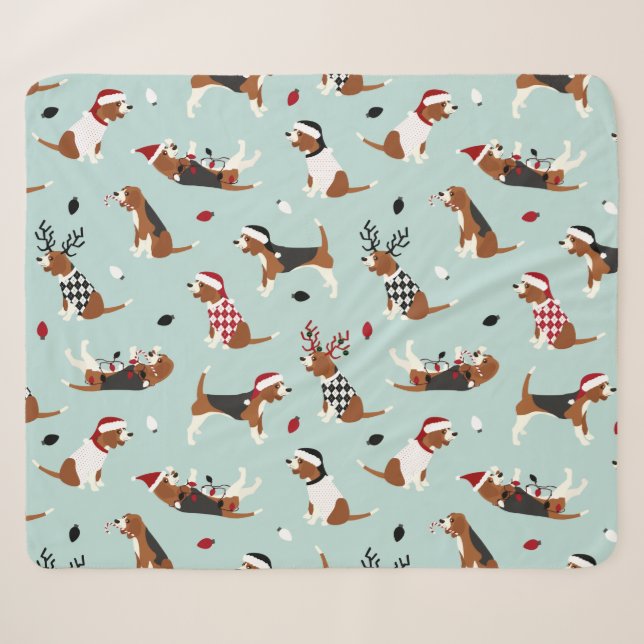 Christmas Beagles Blue Sherpa Blanket (Front (Horizontal))