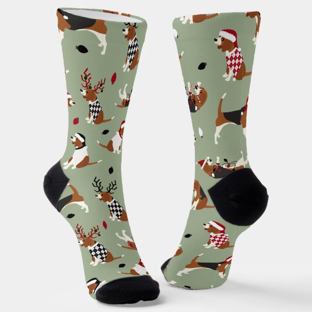Christmas Beagles Green Socks (Angled)