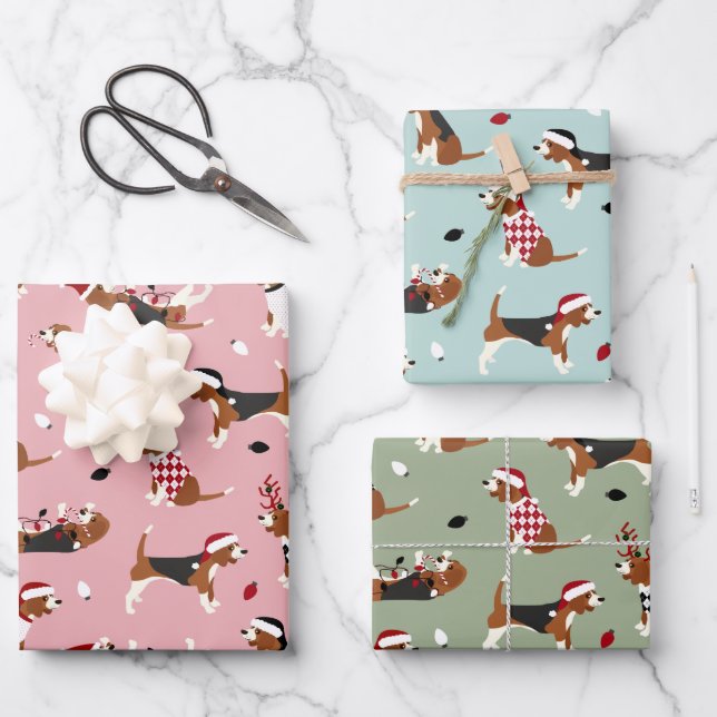 Christmas Beagles Pink Blue Green Wrapping Paper Sheet (Front)