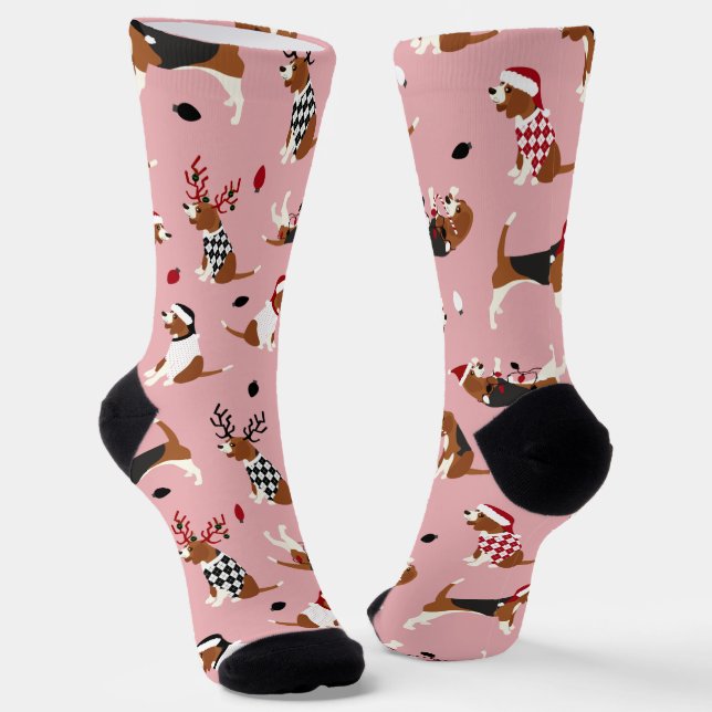 Christmas Beagles Pink Socks (Angled)