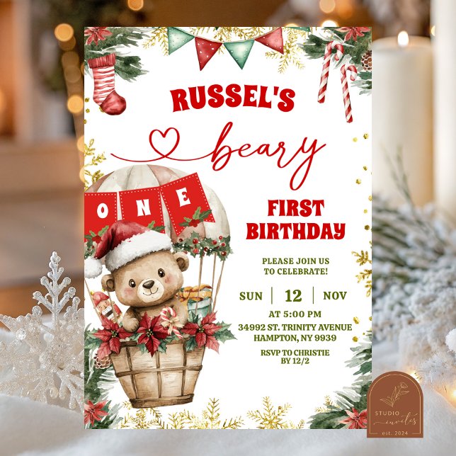 Christmas Bear Air Balloon First Birthday Invitation (Creator Uploaded)