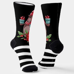 Christmas Bear And Black Stripes Socks