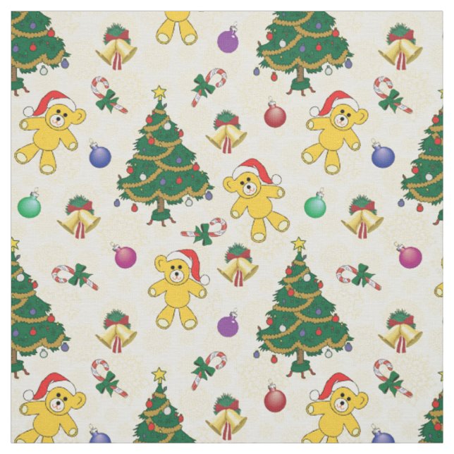 Christmas bear,bells and tree fabric (Swatch)