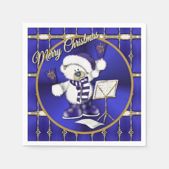 Christmas Bear Blue and Gold Holiday Napkins (Front)