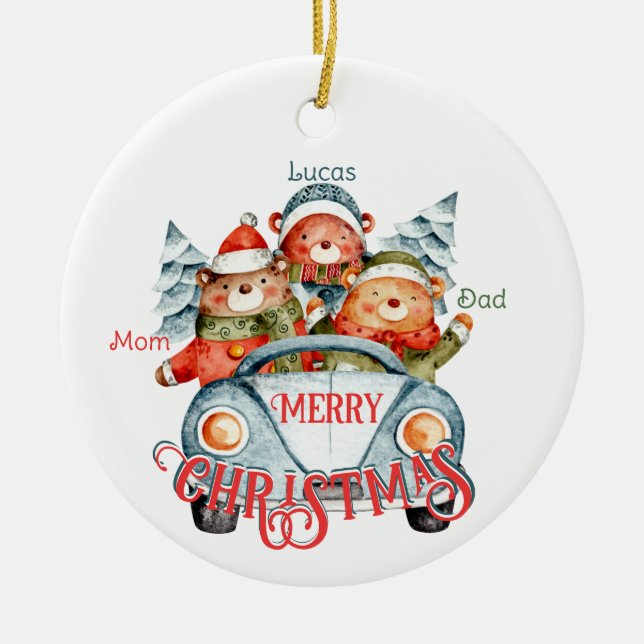 Christmas bear family of 3 name ceramic ornament (Front)