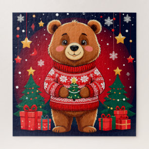 Christmas Bear in Sweater For Cozy Family Fun Jigsaw Puzzle