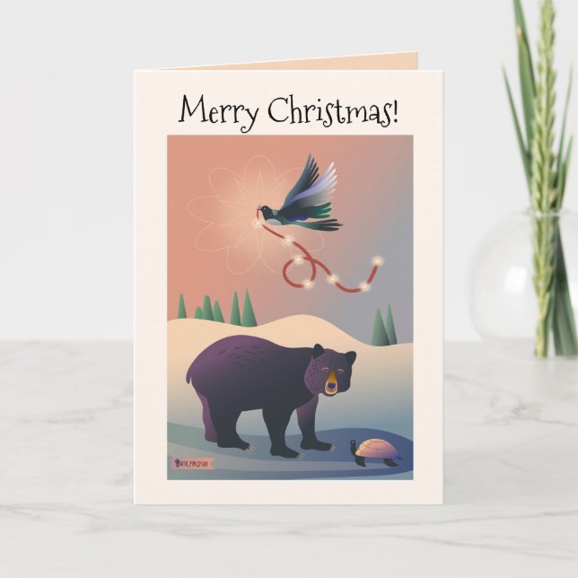 Christmas bear, turtle, magpie with lights 2 card (Front)