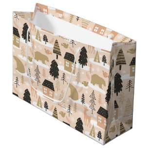 Christmas Bear Village Pink Black Gold Modern Large Gift Bag