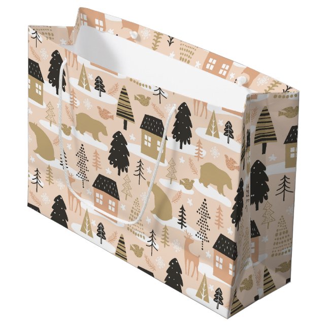 Christmas Bear Village Pink Black Gold Modern Large Gift Bag (Front Angled)
