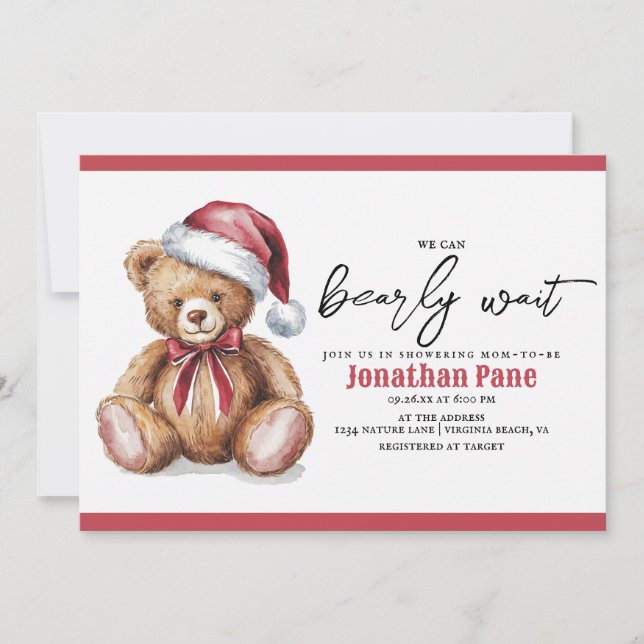 Christmas Bear Watercolor Bearly Wait Baby Shower Invitation (Front)