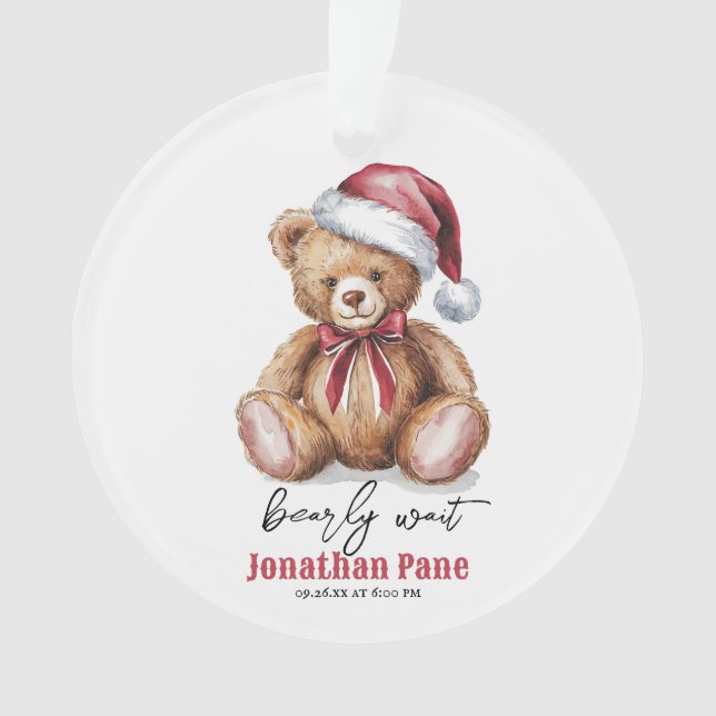 Christmas Bear Watercolor Bearly Wait Baby Shower Ornament (Front)