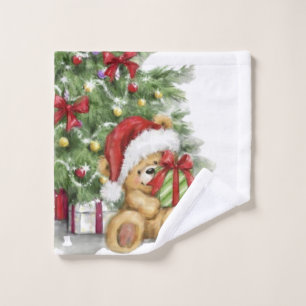 Christmas Bear with Present and Tree Decoration Wash Cloth