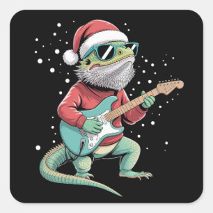 Christmas Bearded Dragon Playing Guitar Musician  Square Sticker