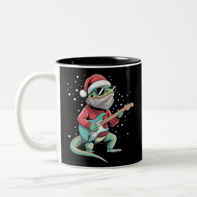 Christmas Bearded Dragon Playing Guitar Musician  Two-Tone Coffee Mug (Left)