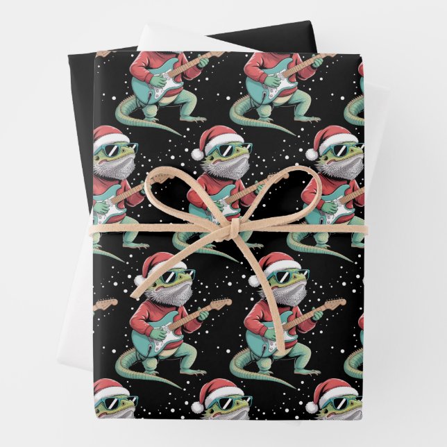 Christmas Bearded Dragon Playing Guitar Musician  Wrapping Paper Sheet (In situ)