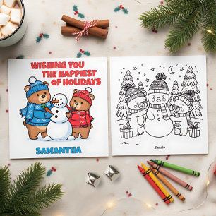 Christmas Bears Building A Snowman Color Me  Holiday Card
