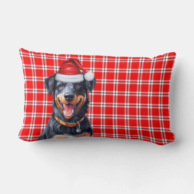 Christmas Beauceron Dog Red Plaid Holiday Lumbar Pillow (Back)