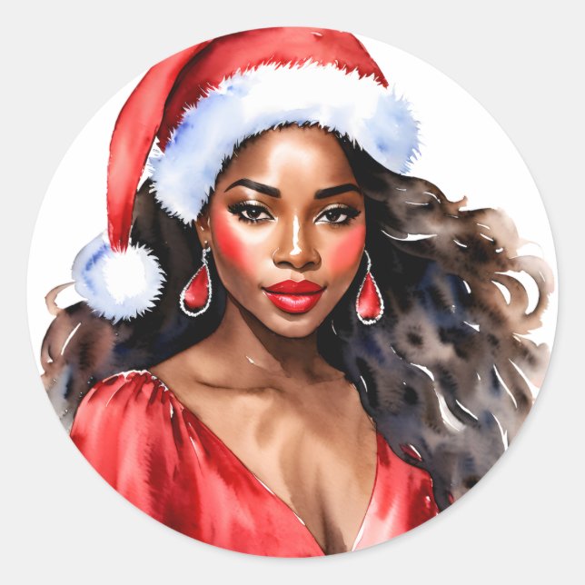 Christmas Beautiful Black Woman Santa Hat Classic Round Sticker (Front)