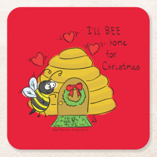 Christmas Bee Funny Holiday Cartoon Square Paper Coaster