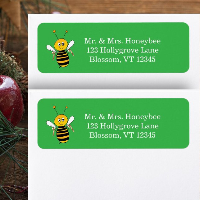 Christmas Bee Holding Candy Canes Return Address (Créateur téléchargé)