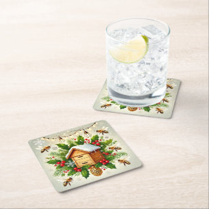 Christmas Beekeeping Square Paper Coaster