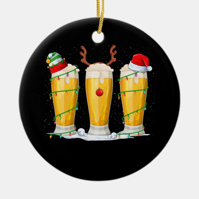 Christmas Beer Mug Santa Lights Reindeer Ceramic Ornament (Front)