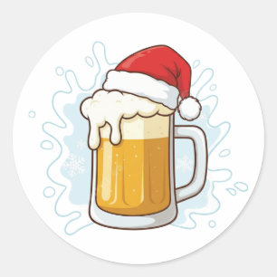 Christmas Beer Mug with Santa Hat Funny Holiday Classic Round Sticker