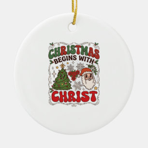 Christmas Begins Christ Santa Claus Tree Snowflake Ceramic Ornament