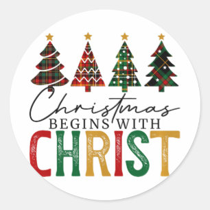 Christmas Begins With Christ Red And Green Plaid P Classic Round Sticker