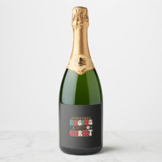 Christmas Begins With Christ Retro Santa Sparkling Wine Label