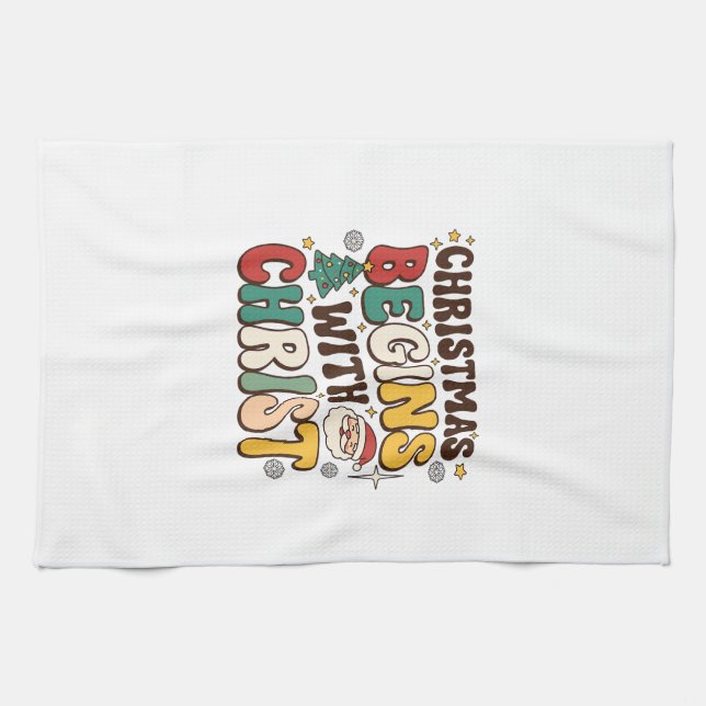 Christmas Begins With Christ Santa Tree Design Kitchen Towel (Horizontal)