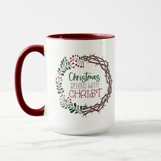 CHRISTMAS BEGINS WITH CHRIST Scripture Wreath Red  Mug (Left)