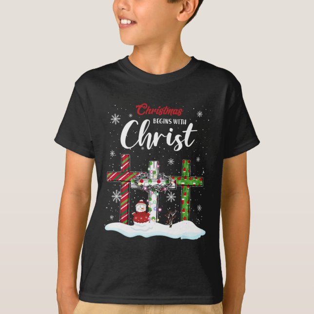 Christmas Begins With Christ Snowman Christian Cro T-Shirt (Front)