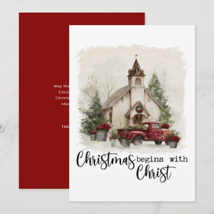Christmas Begins With Christ Watercolor Red Truck Holiday Card