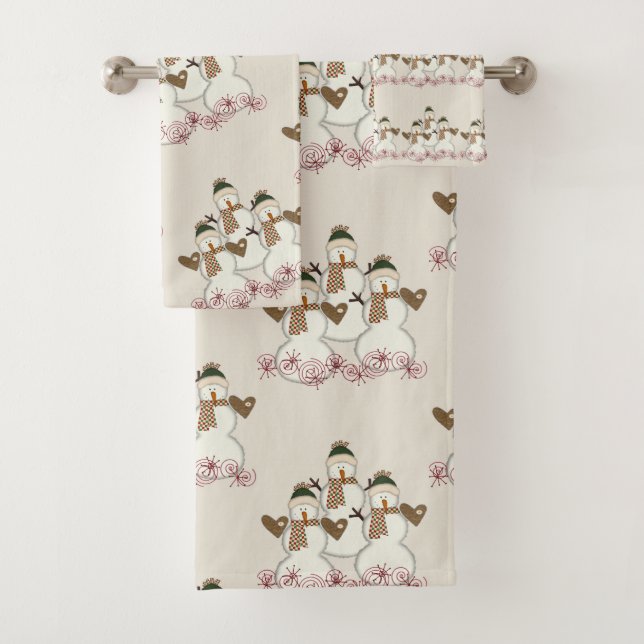 Christmas Beige Bath Towel Sets, Snowman (Insitu)