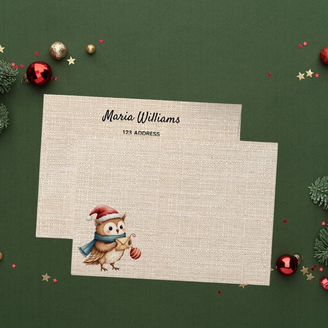 Christmas beige burlap cute owl return address envelope (Creator Uploaded)