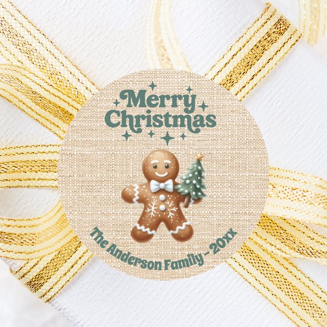 Christmas beige burlap gingerbread man classic round sticker (Creator Uploaded)