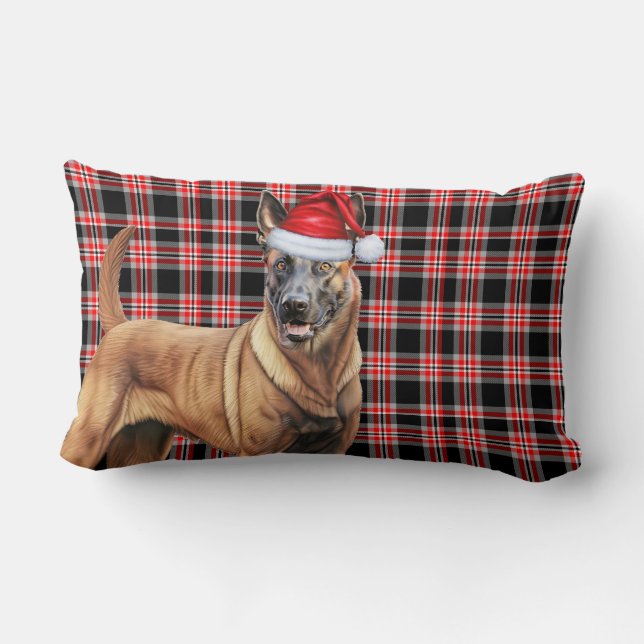 Christmas Belgian Malinois Dog Red Plaid Holiday Lumbar Pillow (Back)