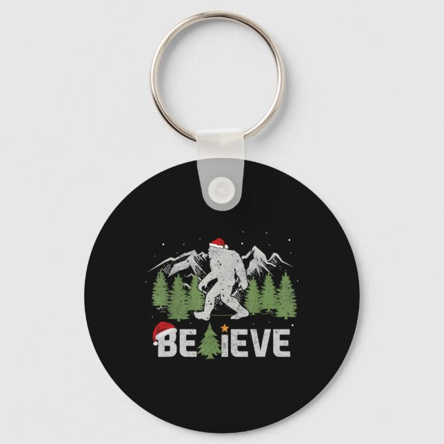 Christmas Believe Bigfoot Funny Xmas Tree For Mens Keychain (Front)