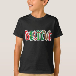 Christmas Believe Lights Santa Hat Candy Cane Elf T-Shirt