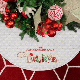 Christmas BELIEVE Personalized Quilted White Brushed Polyester Tree Skirt