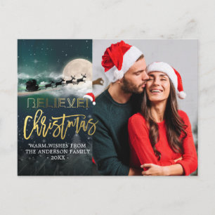 Christmas BELIEVE Reindeer Sleigh Santa Hat Photo Holiday Postcard