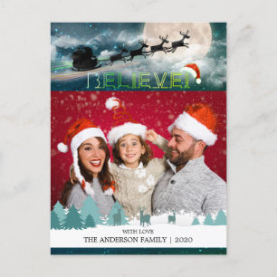 Christmas BELIEVE Reindeer Sleigh Santa Hat Photo Holiday Postcard