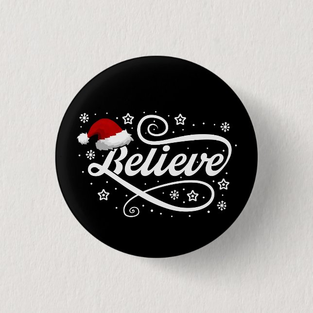Christmas Believe Santa Claus - Santa Hat Black 1 Inch Round Button (Front)