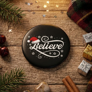 Christmas Believe Santa Claus - Santa Hat Black 1 Inch Round Button