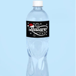 Christmas Believe Santa Claus - Santa Hat Black Water Bottle Label
