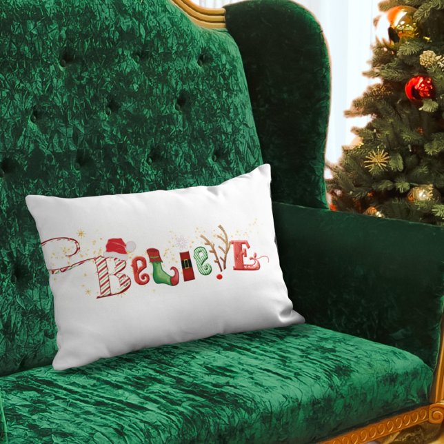 Christmas BELIEVE Typography Nostalgic Icons Lumbar Pillow (Creator Uploaded)