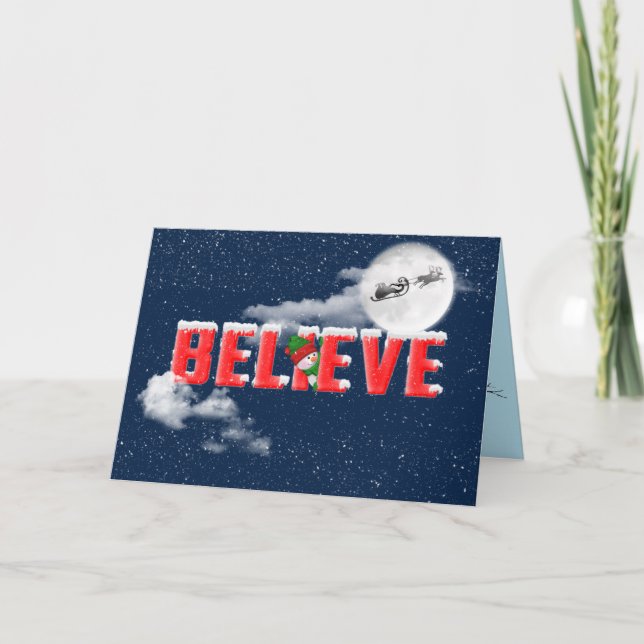 Christmas BELIEVE with Santa in sleigh on moon Card (Front)