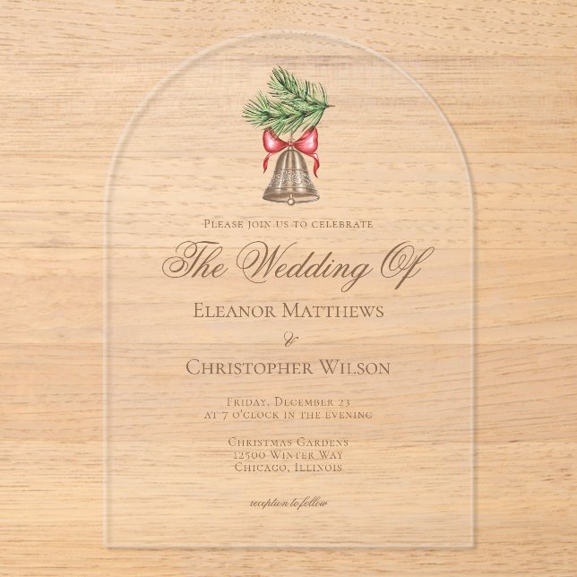Christmas Bell & Pine Leaves Holiday Wedding Arch Acrylic Invitations (Front)